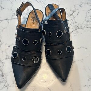 John Fluevog Black Slingback Heels with Silver Accents
